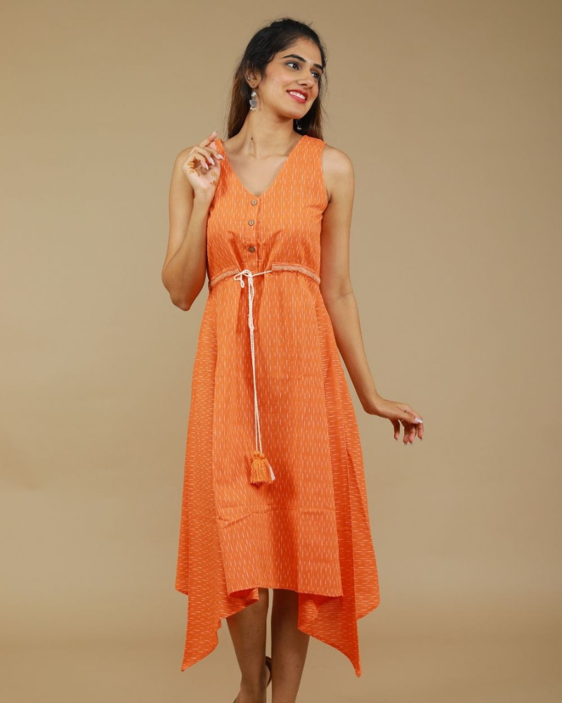 Sleeveless orange ikat dress with embroidered belt