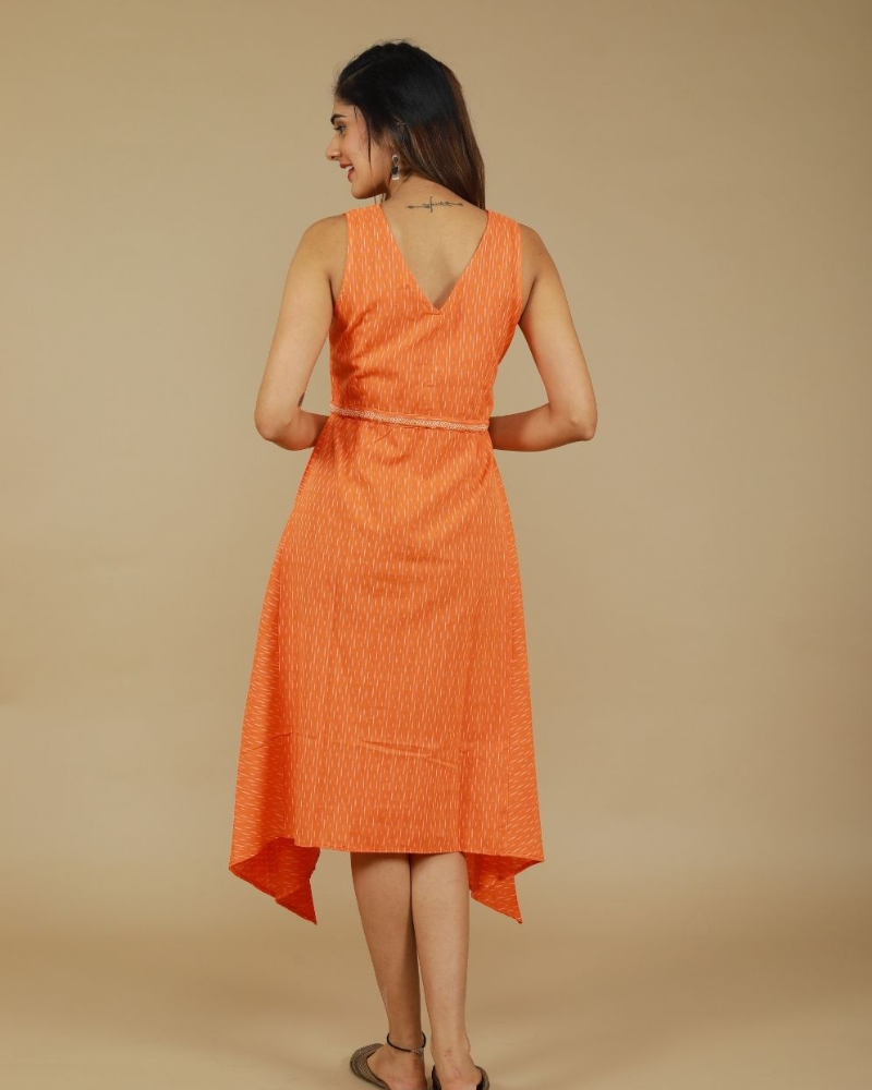 Sleeveless orange ikat dress with embroidered belt