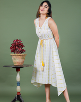 Sleeveless white ikat dress with embroidered belt