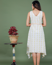 Sleeveless white ikat dress with embroidered belt