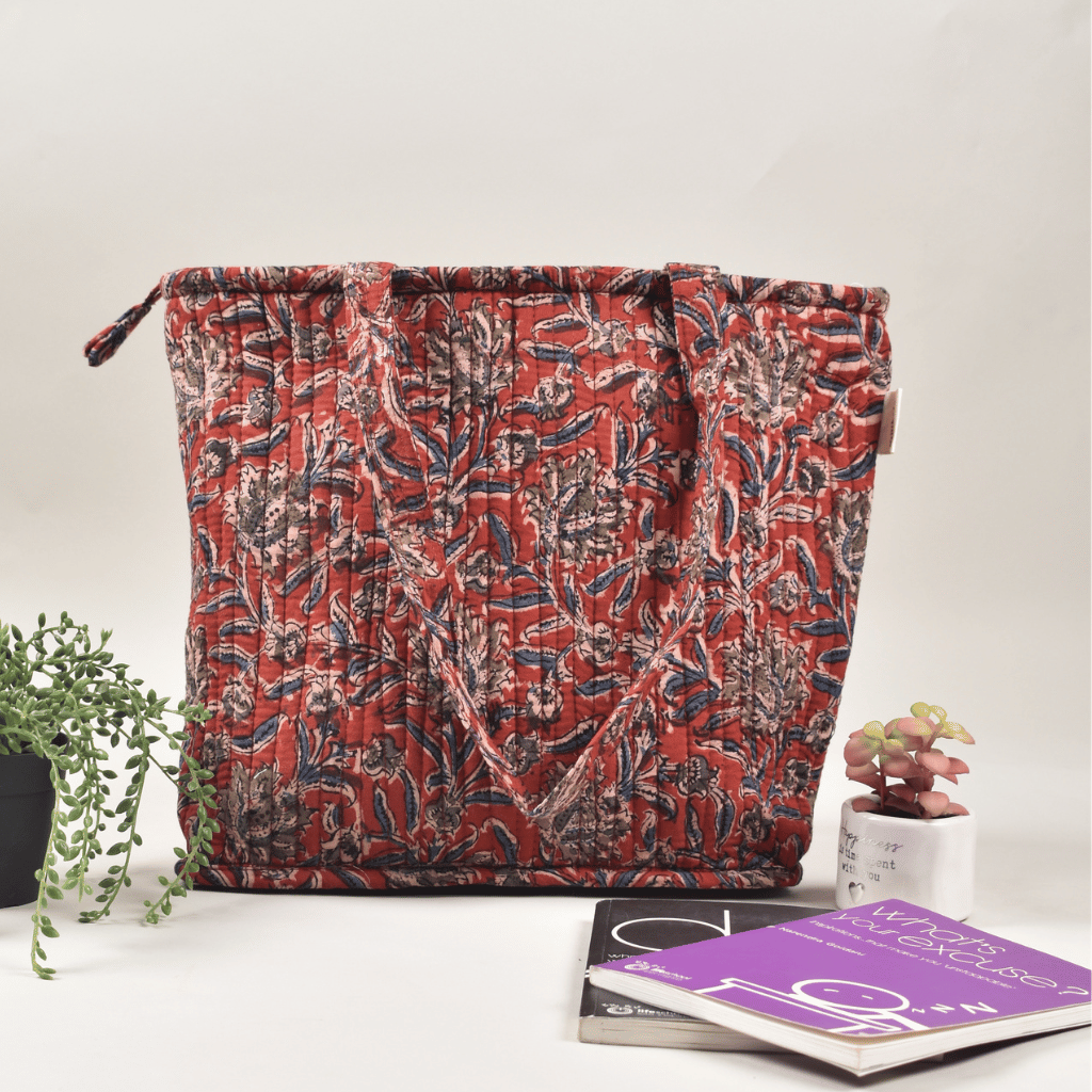 Red kalamkari Quilted tote bag-front