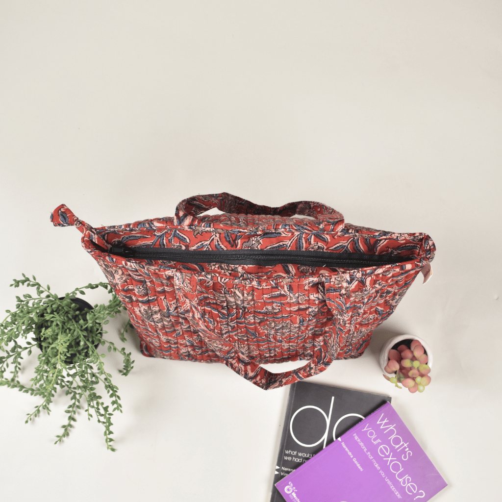 Red kalamkari Quilted tote bag-top