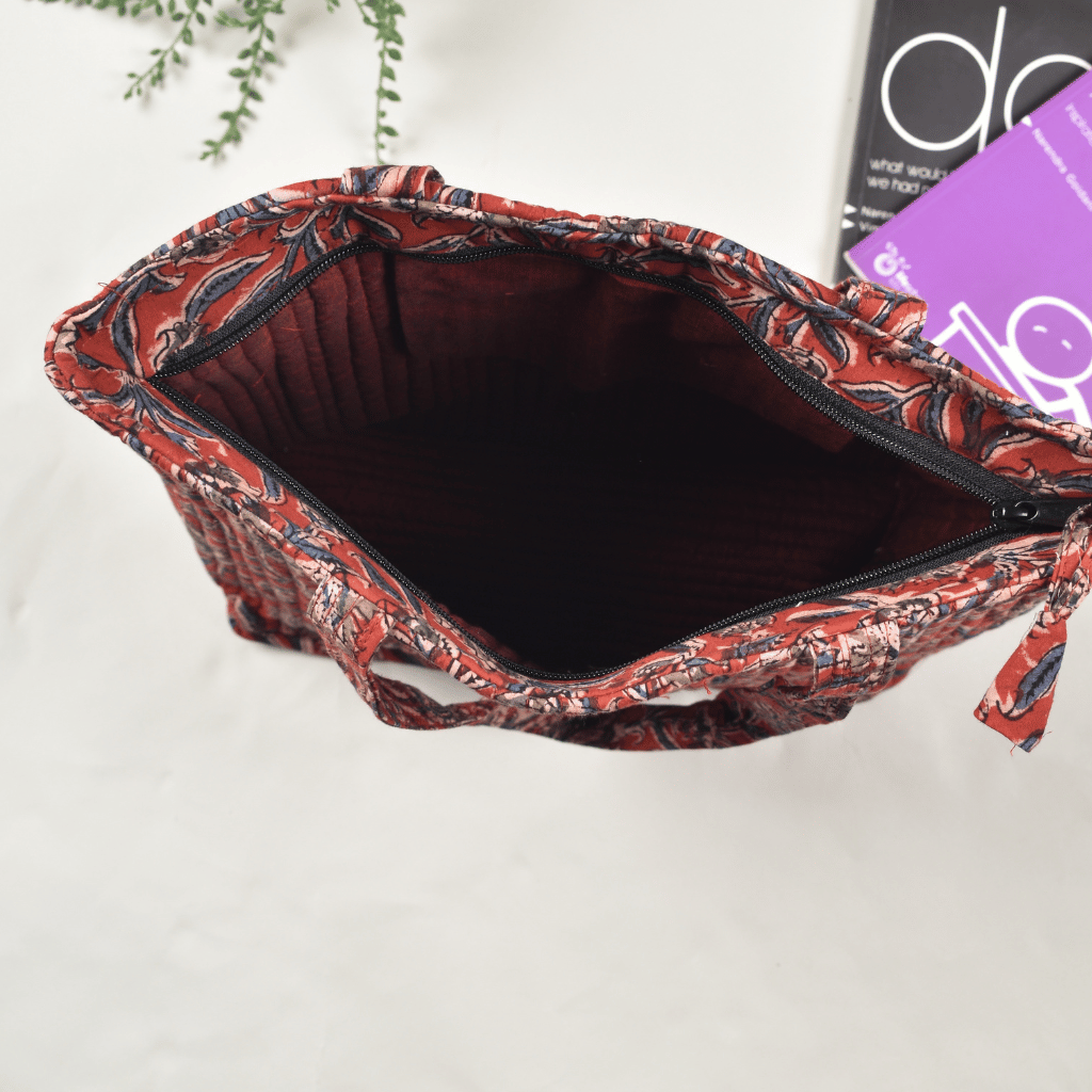 Red kalamkari Quilted tote bag-inside