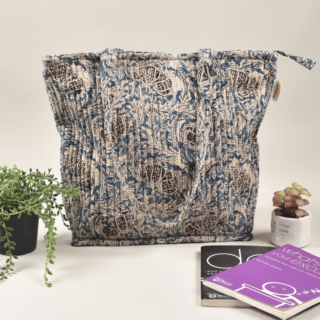 Blue kalamkari Quilted tote bag-front