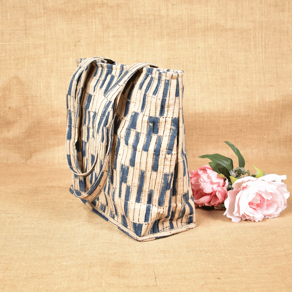 Blue Kalamkari Quilted Tote Bag - side