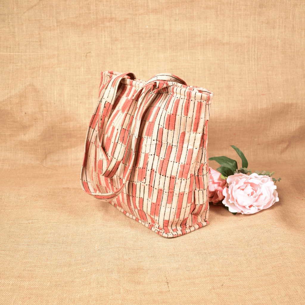 Pink Kalamkari Quilted Tote Bag - side