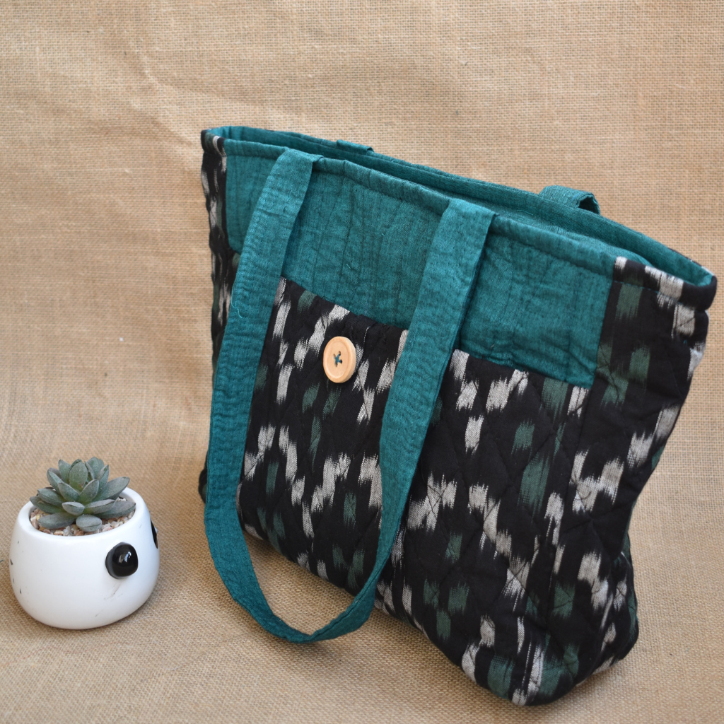 QUILTED BLACK AND GREEN IKAT PURSE BAG WITH POCKETS