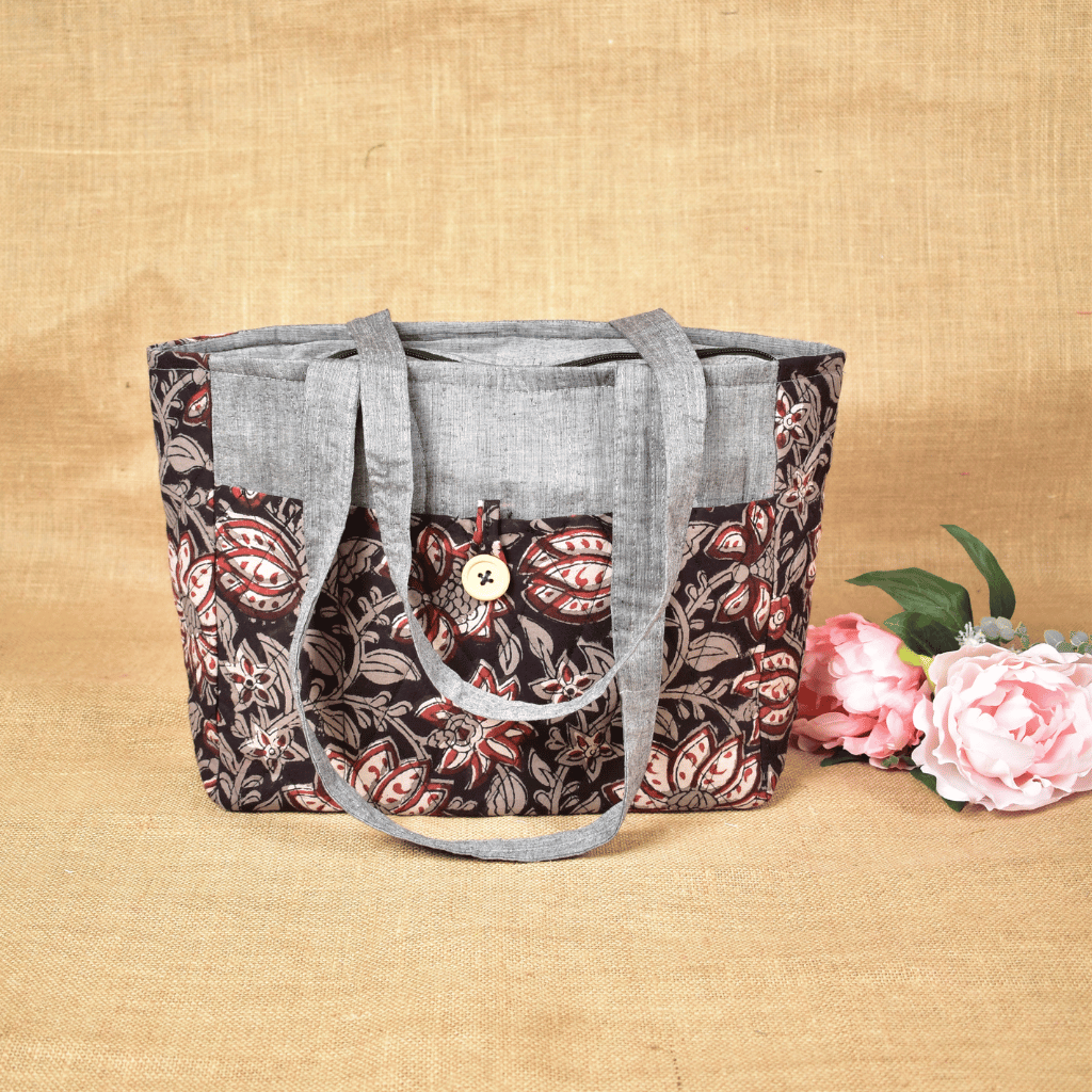 QUILTED GREY AND BLACK KALAMKARI PURSE BAG WITH POCKETS - front