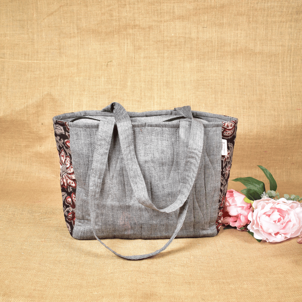QUILTED GREY AND BLACK KALAMKARI PURSE BAG WITH POCKETS - back