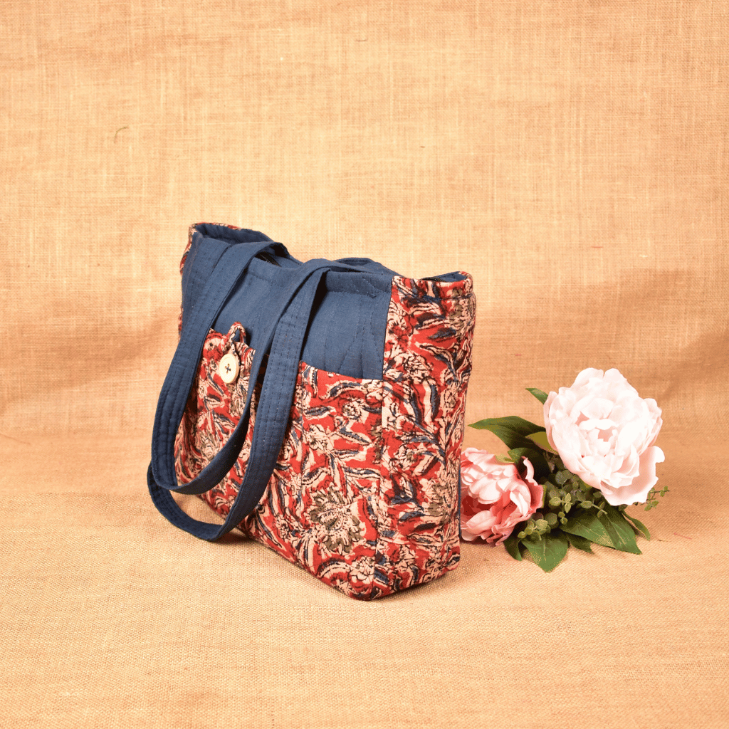 QUILTED RED AND BLUE KALAMKARI PURSE BAG WITH POCKETS - side
