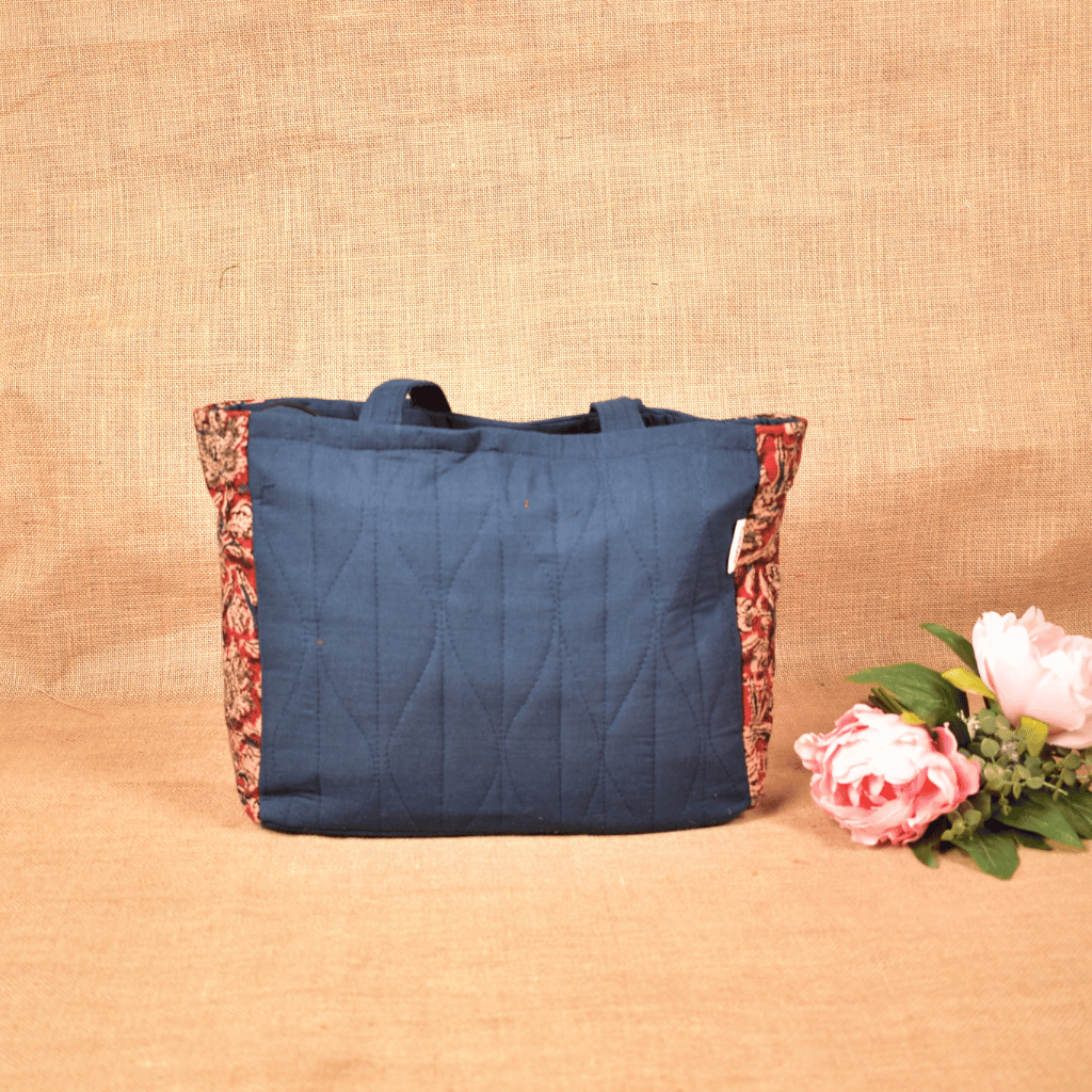 QUILTED RED AND BLUE KALAMKARI PURSE BAG WITH POCKETS - back