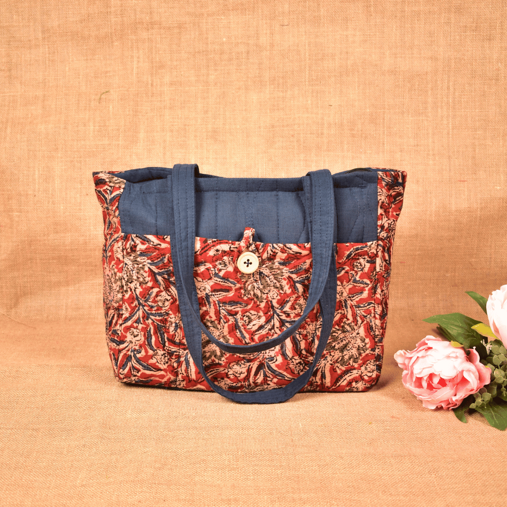 QUILTED RED AND BLUE KALAMKARI PURSE BAG WITH POCKETS - front