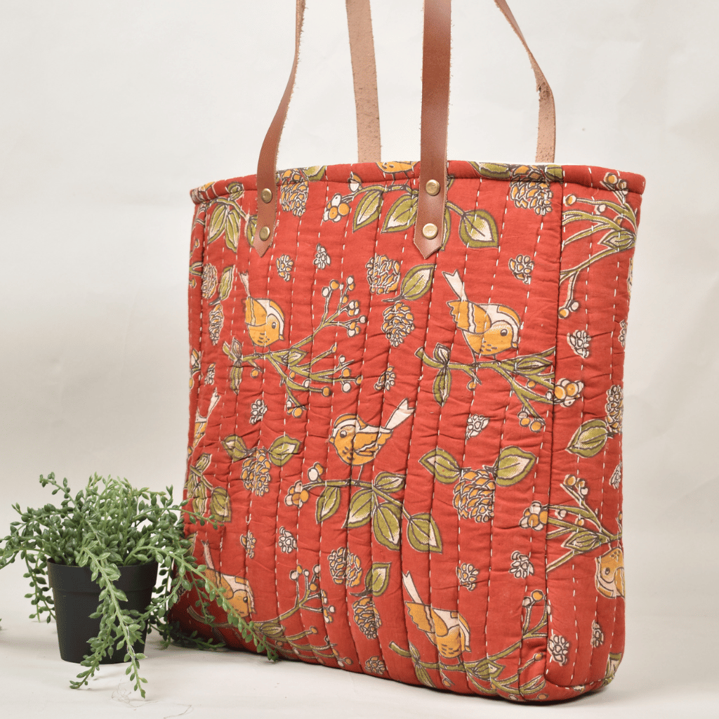 Red Tapti Hand Quilted Large Tote Bag - side