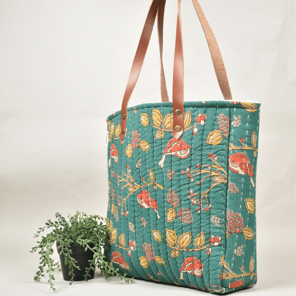 Green Tapti Hand Quilted Large Tote Bag - side