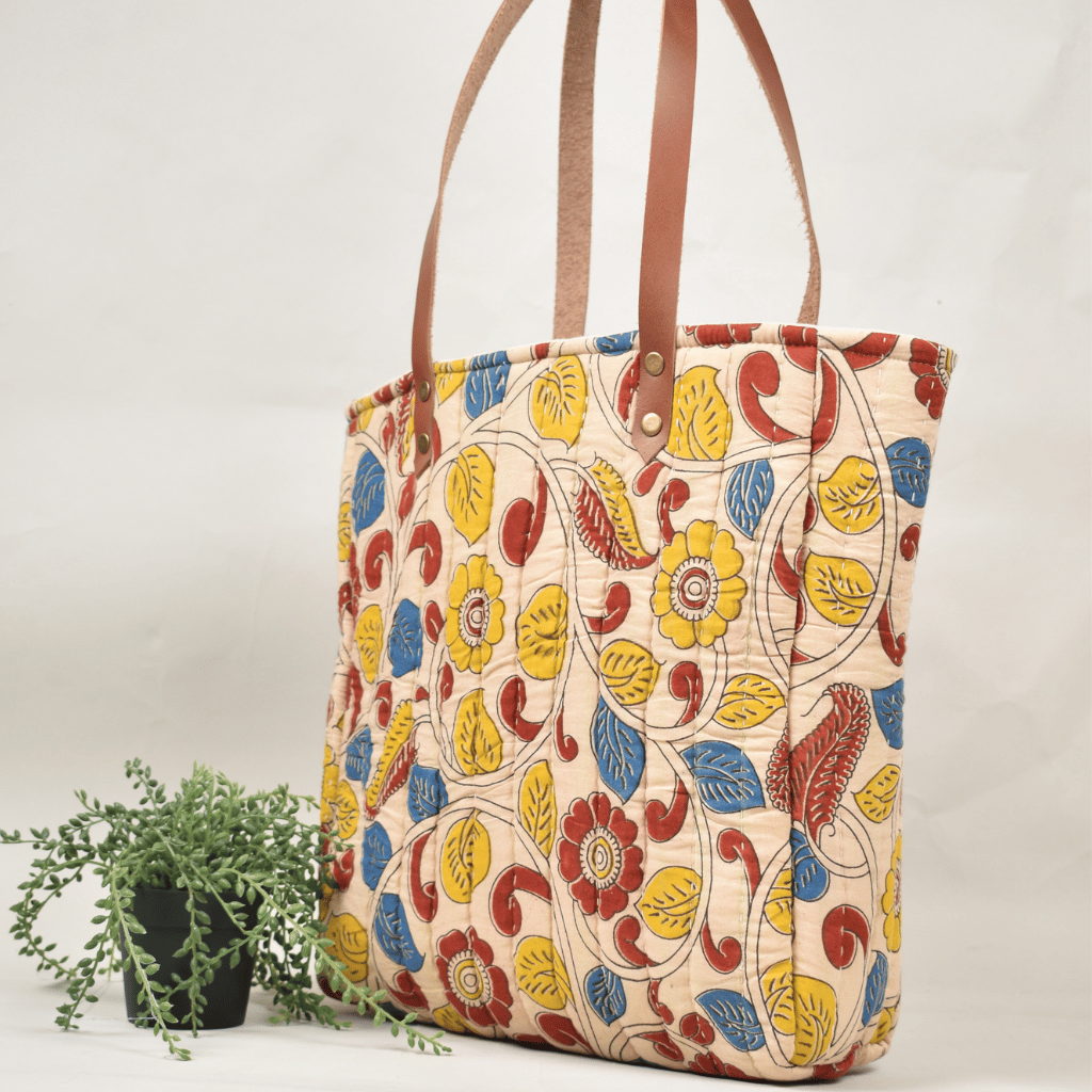 Yellow Tapti Hand Quilted Large Tote Bag - side