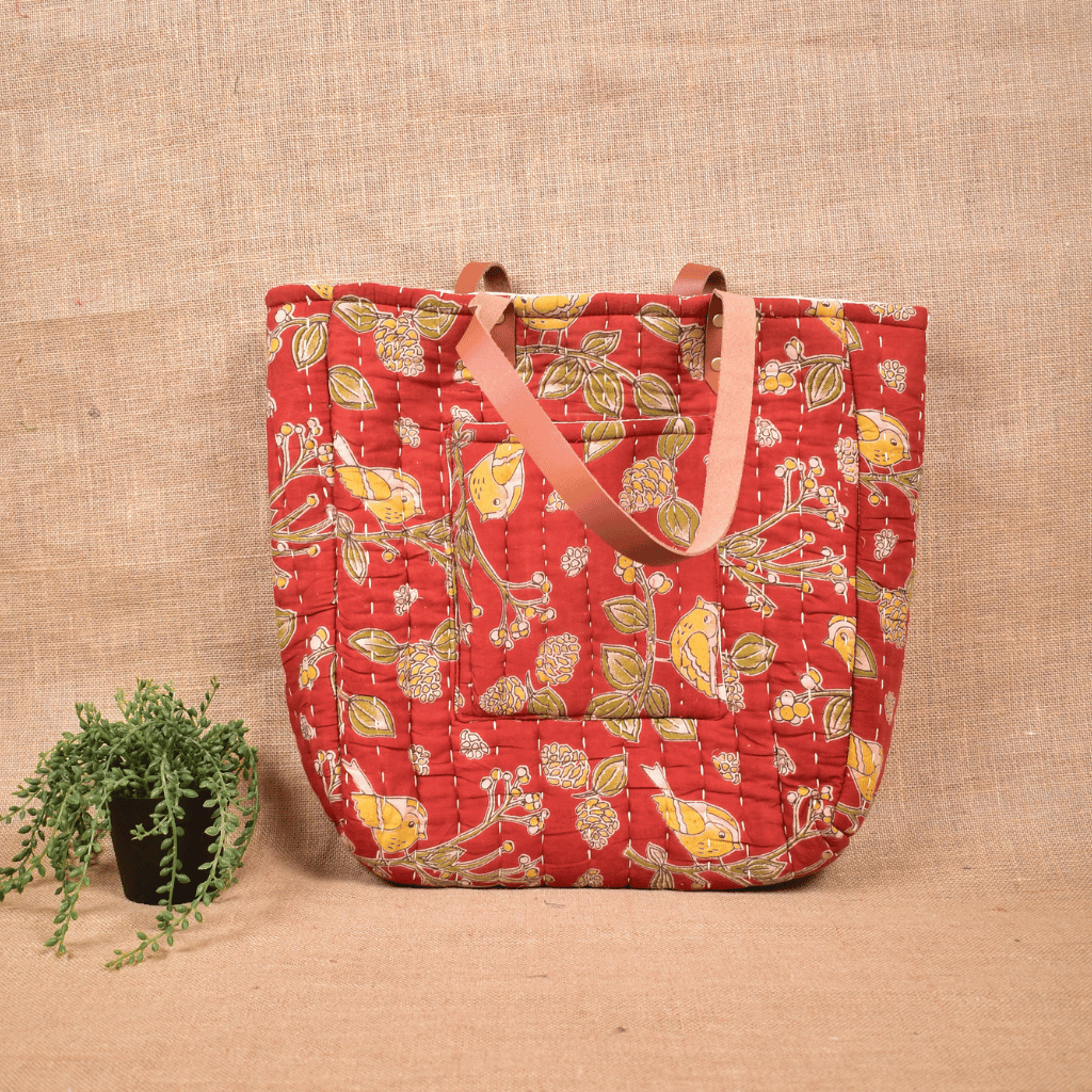 Red Tapti Hand Quilted Large Tote Bag