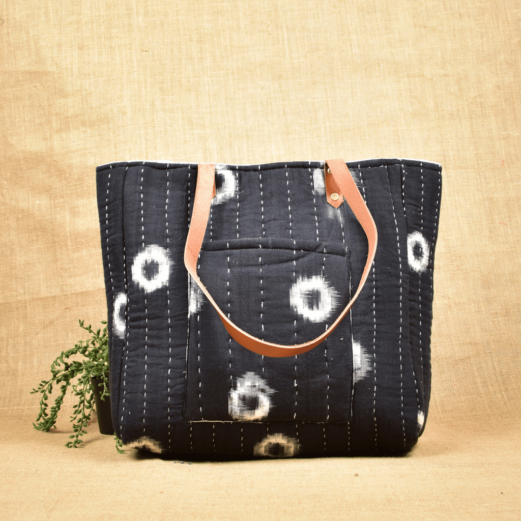 Black Ikat Tapti Hand Quilted Large Tote Bag