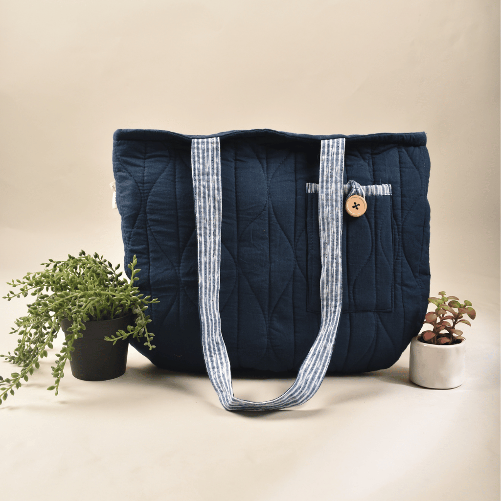 Indigo blue quilted flat bag- front