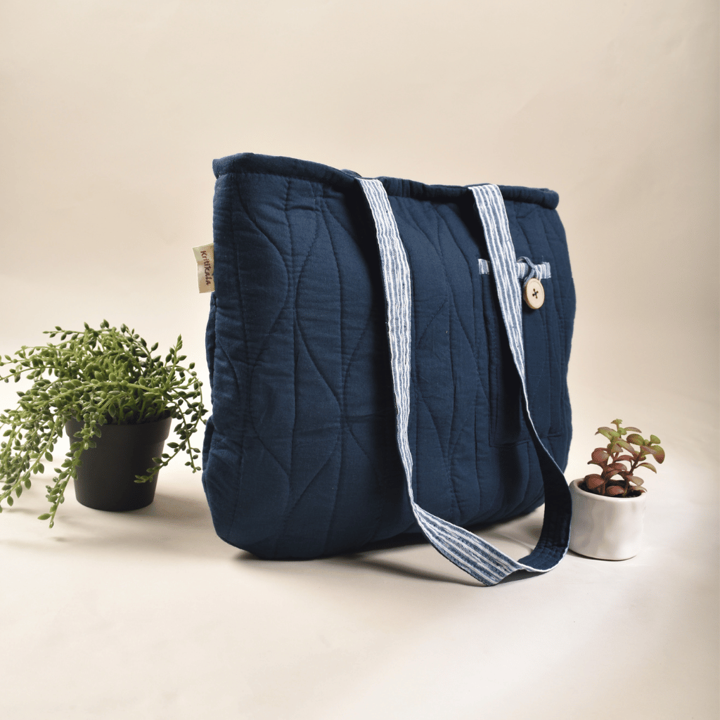 Indigo blue quilted flat bag-side