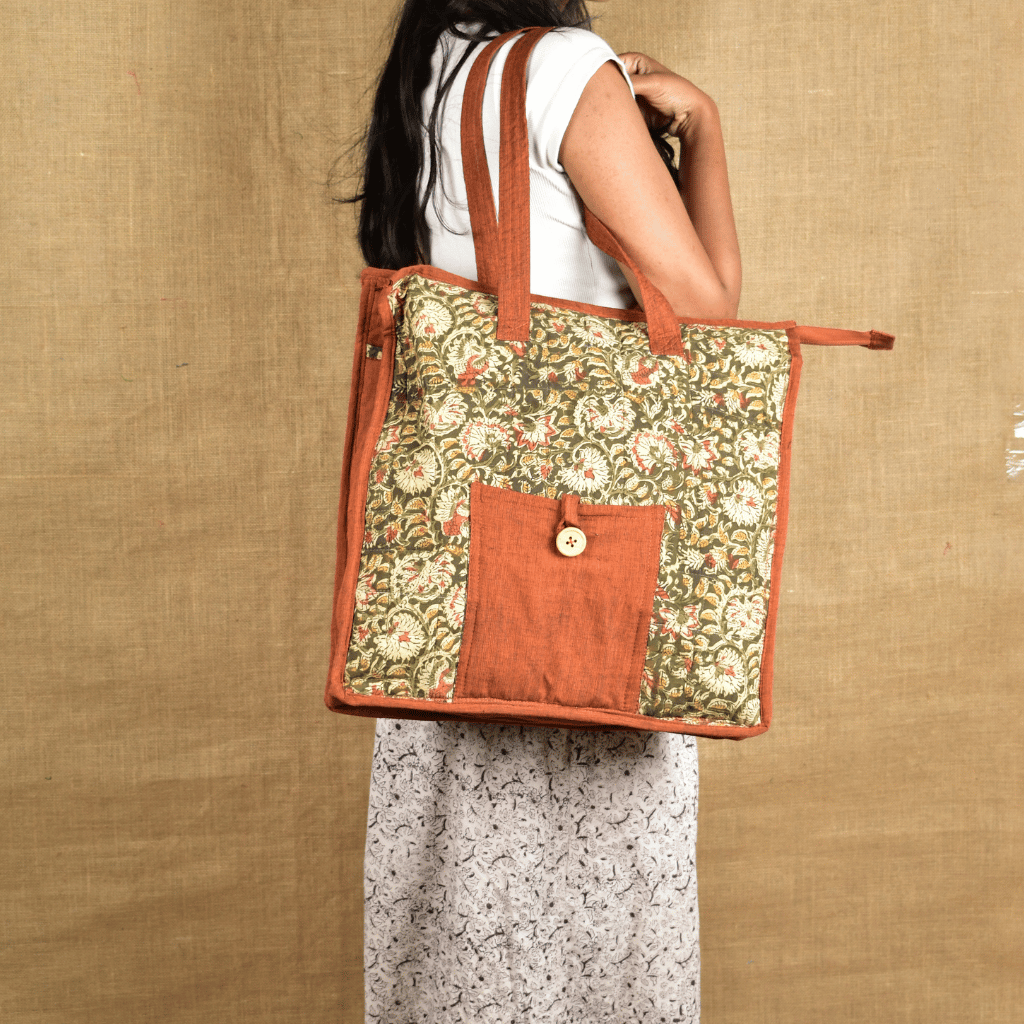 Green Kalamkari Quilted Tote Bag