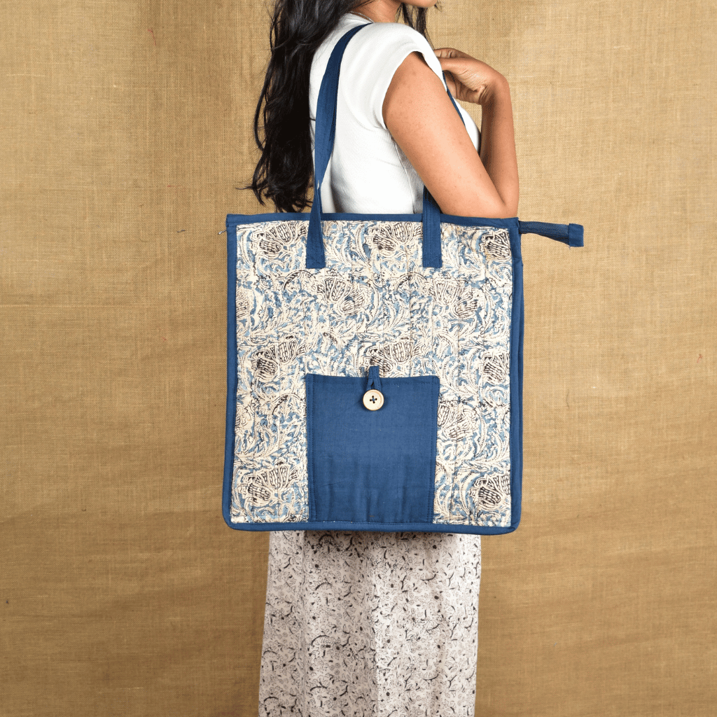 Blue Kalamkari Quilted Tote Bag 