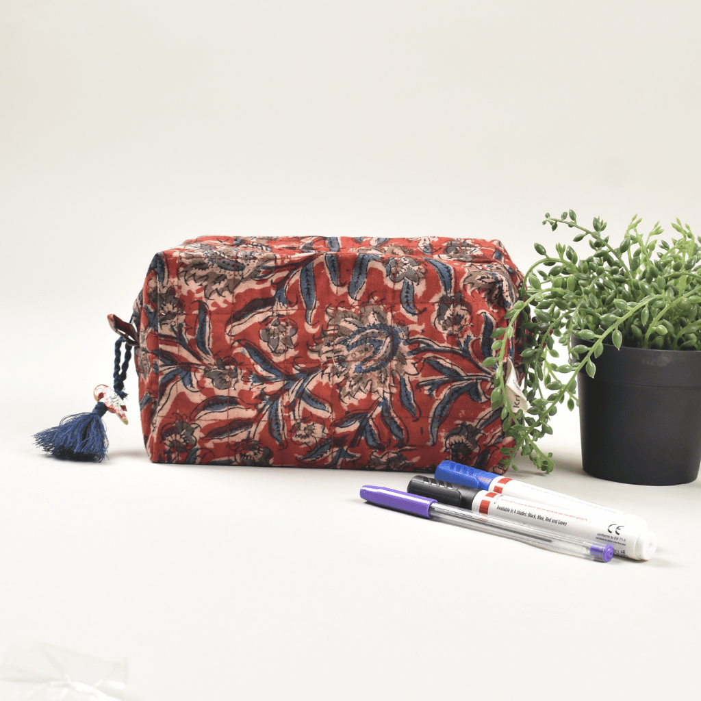 Red kalamkari travel cosmetic bag