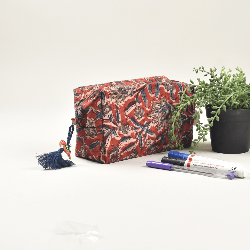 Red kalamkari travel cosmetic bag