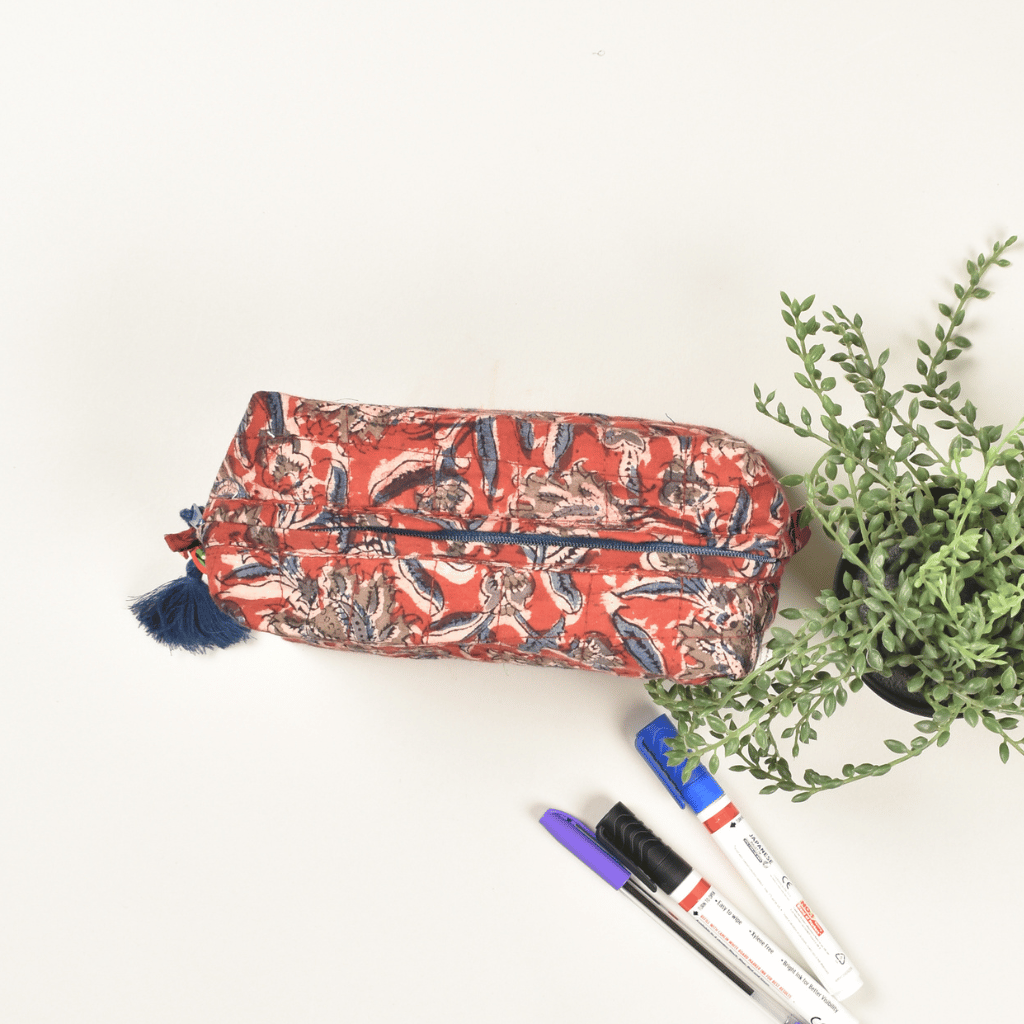 Red kalamkari travel cosmetic bag