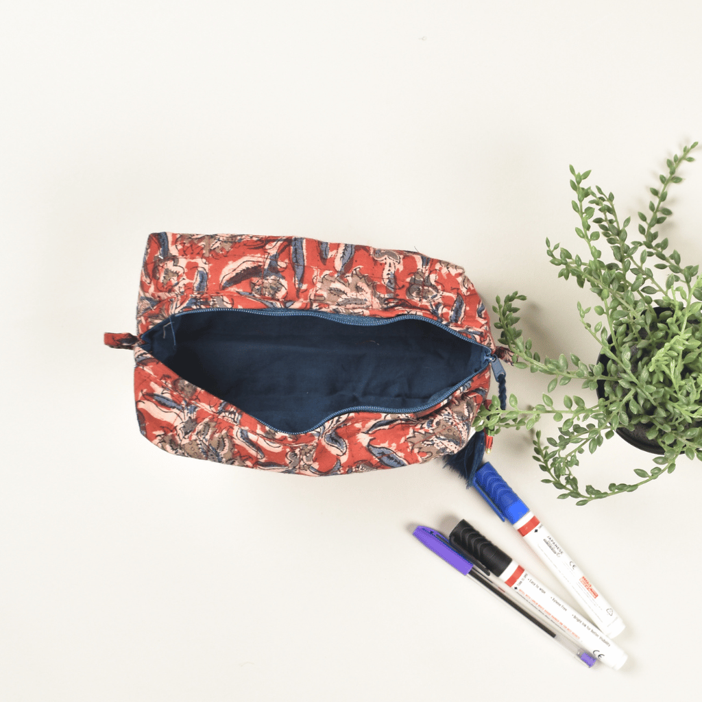 Red kalamkari travel cosmetic bag