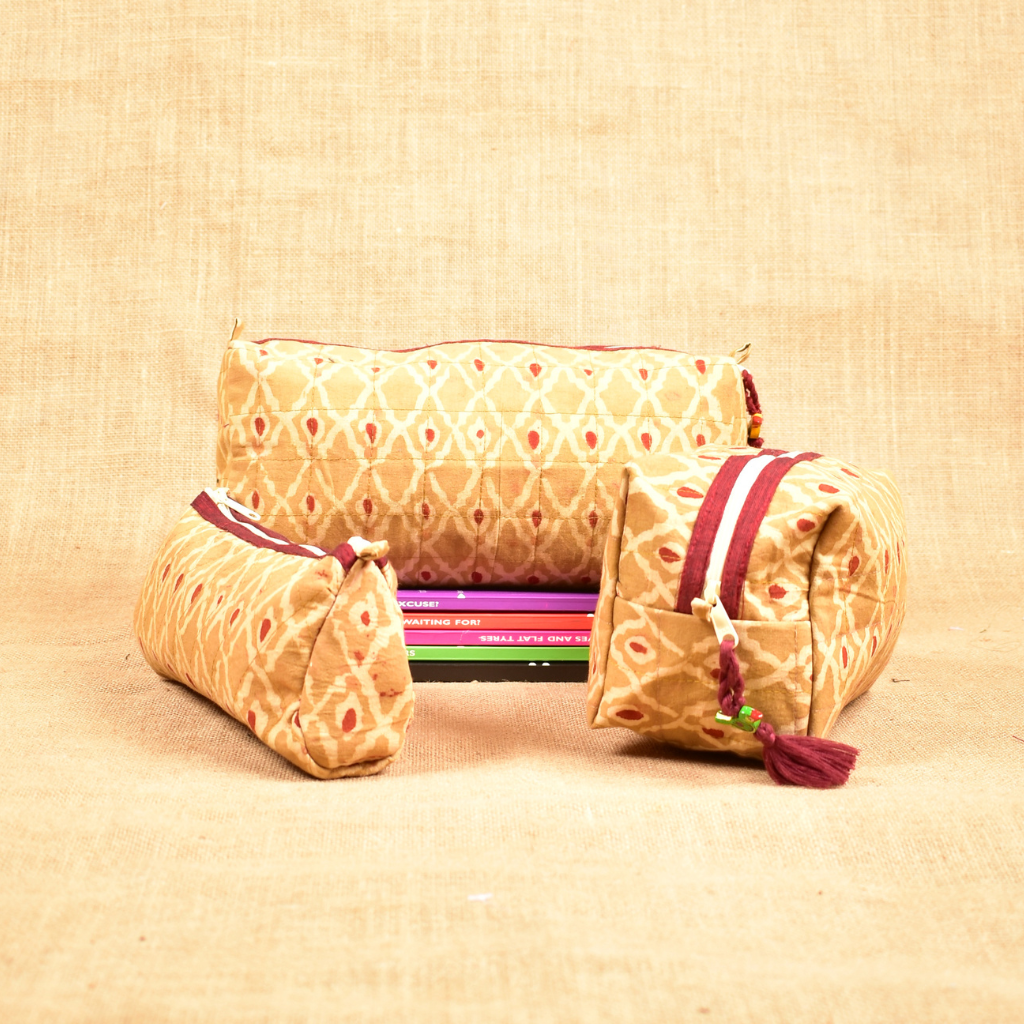 Set of three travel pouches in Kalamkari cotton