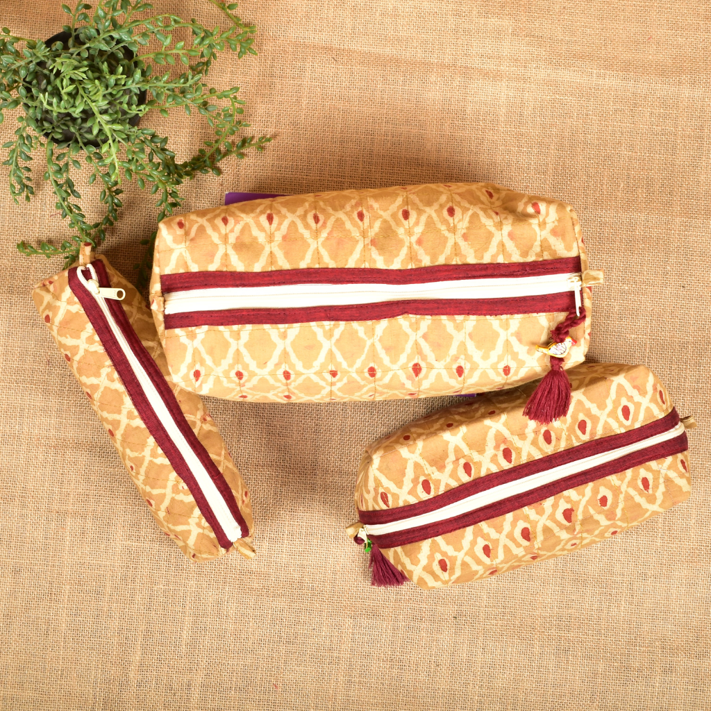 Set of three travel pouches in Kalamkari cotton