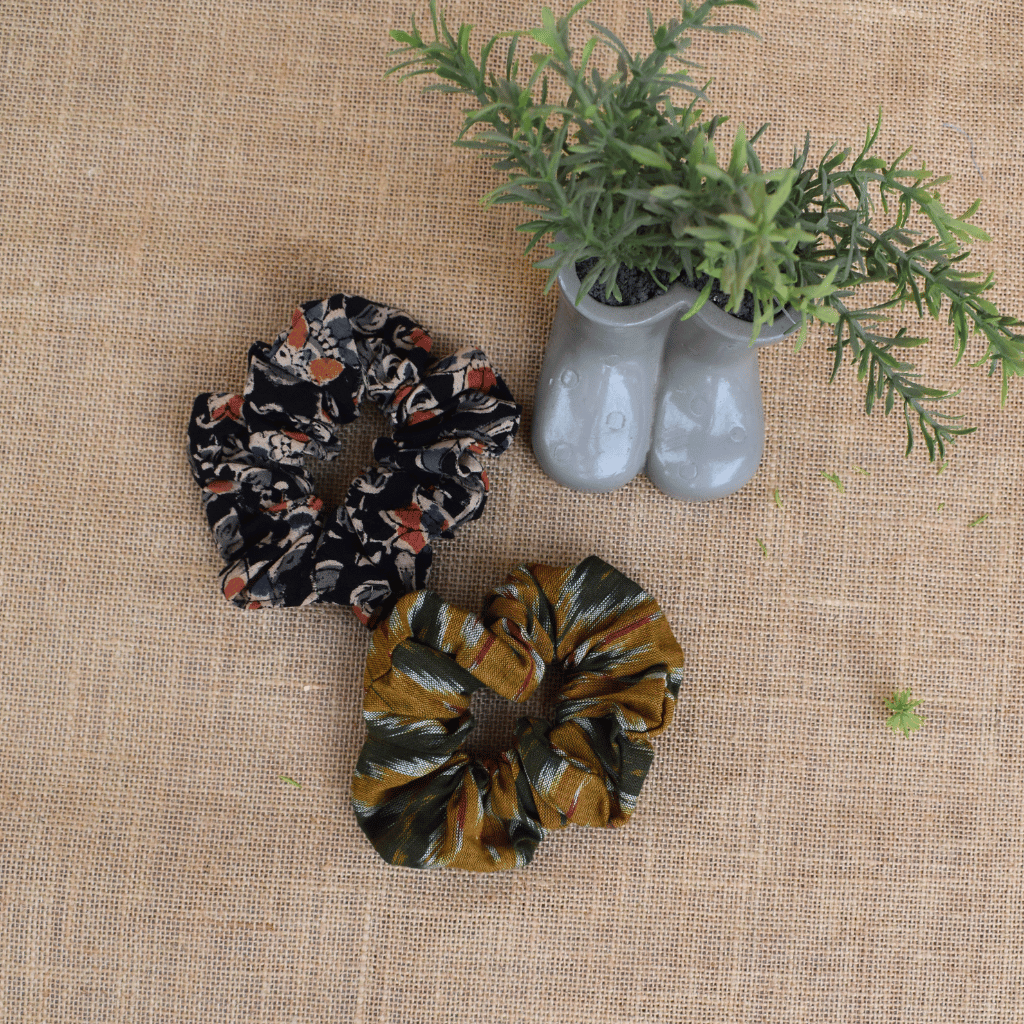Green Ikat & Black Kalamkari Scrunchies