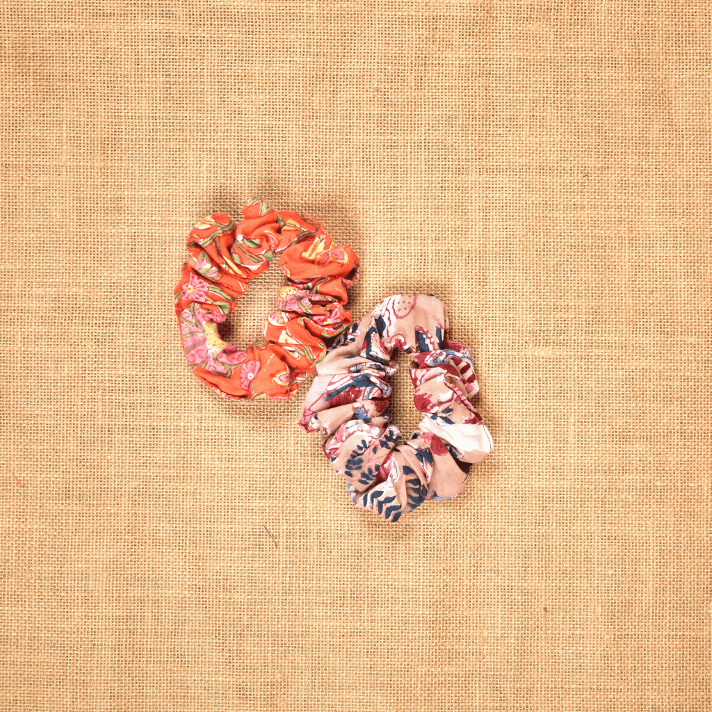 Orange and pink block print scrunchies

