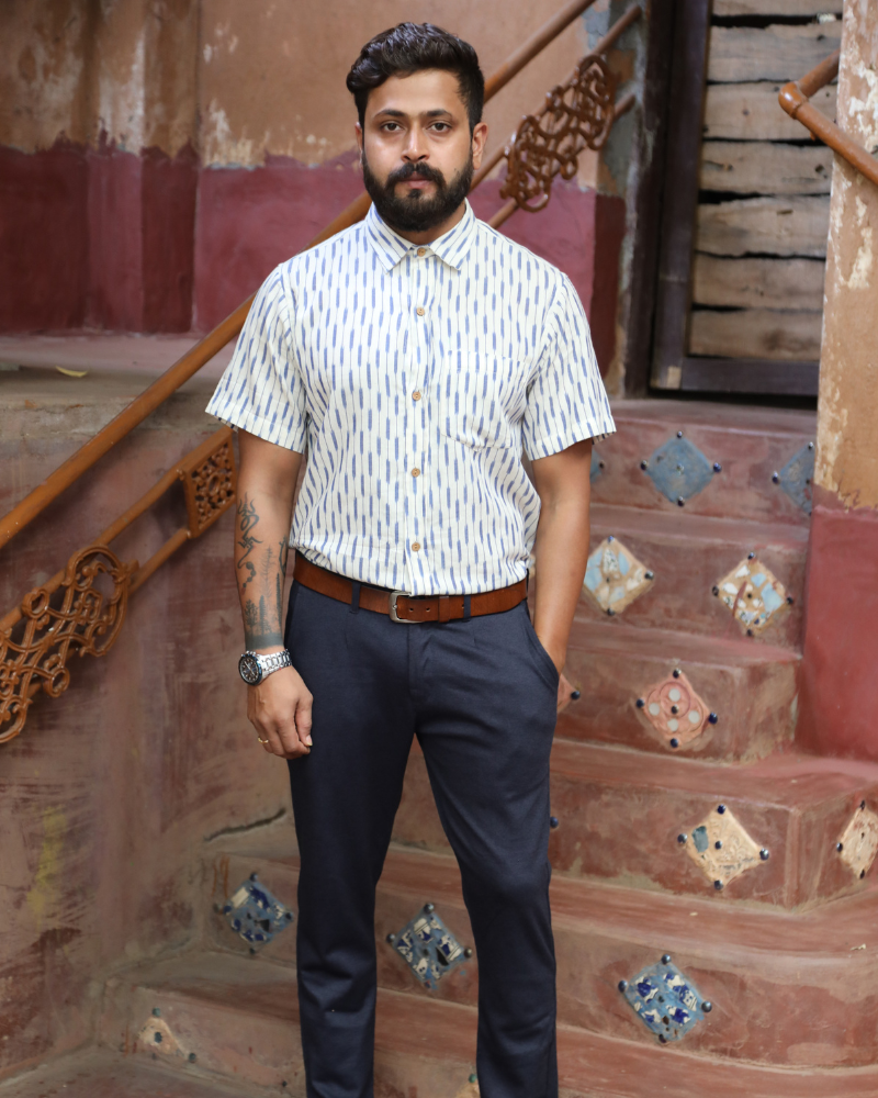 White and Blue Casual Mens Shirt in Ikkat Cotton