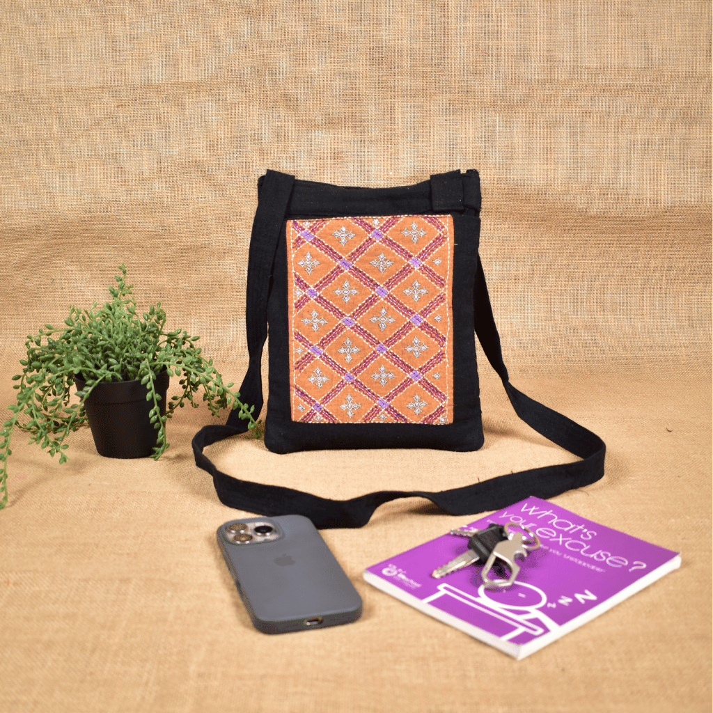 Black Embroidery cotton sling bag cum phone pouch - Front