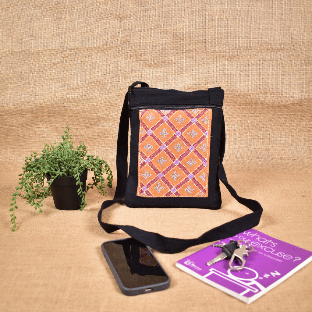 Black Embroidery cotton sling bag cum phone pouch - Zip