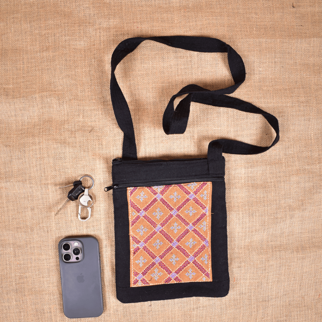 Black Embroidery cotton sling bag cum phone pouch