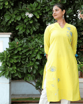 Yellow V Neck " Handloom Kurta" - neck