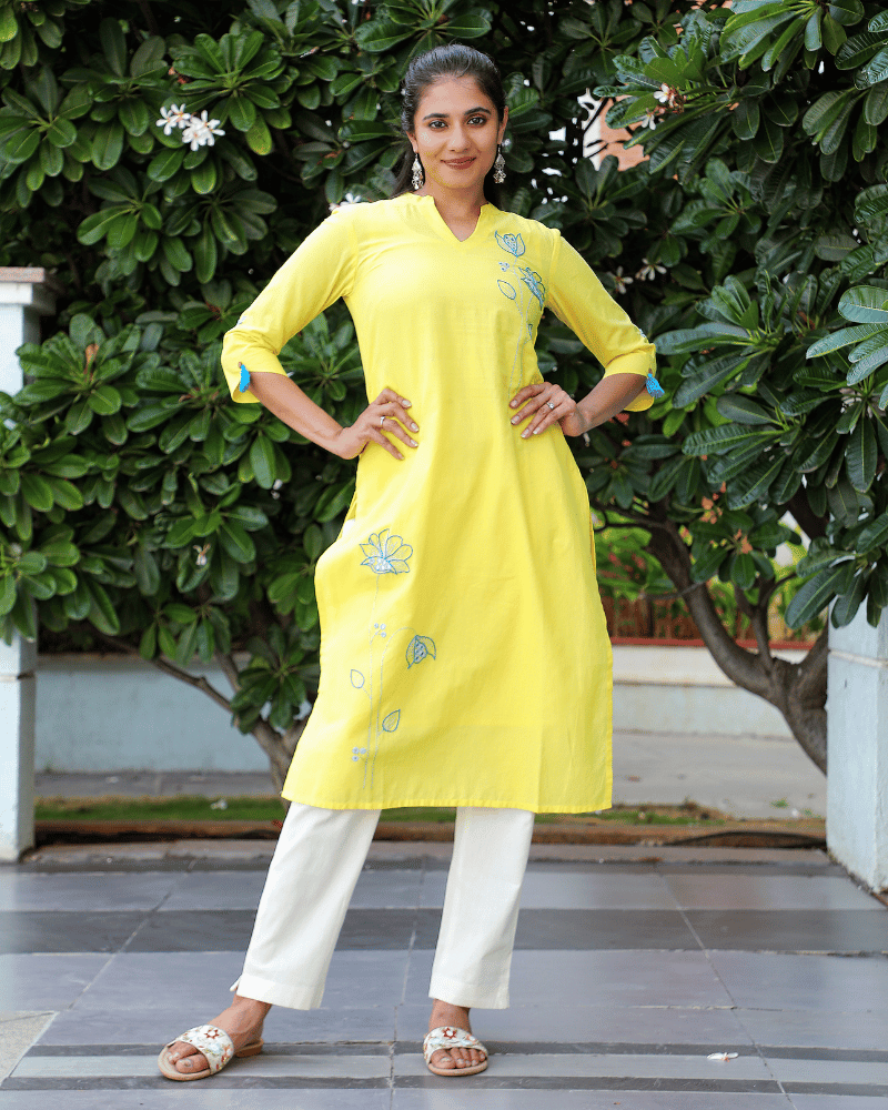 Yellow V Neck " Handloom Kurta" - sleeve