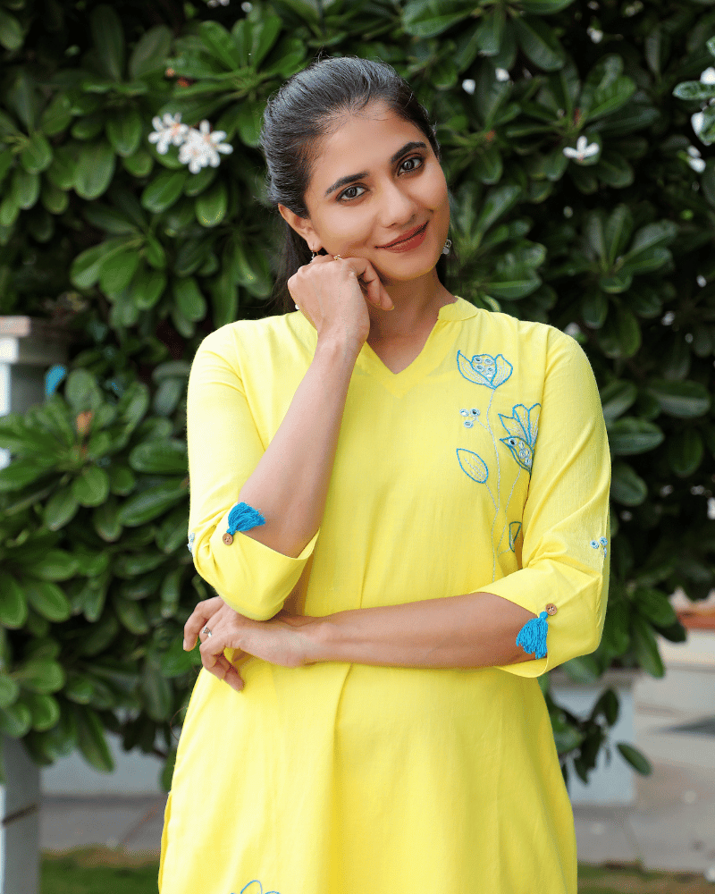 Yellow V Neck " Handloom Kurta" - neck