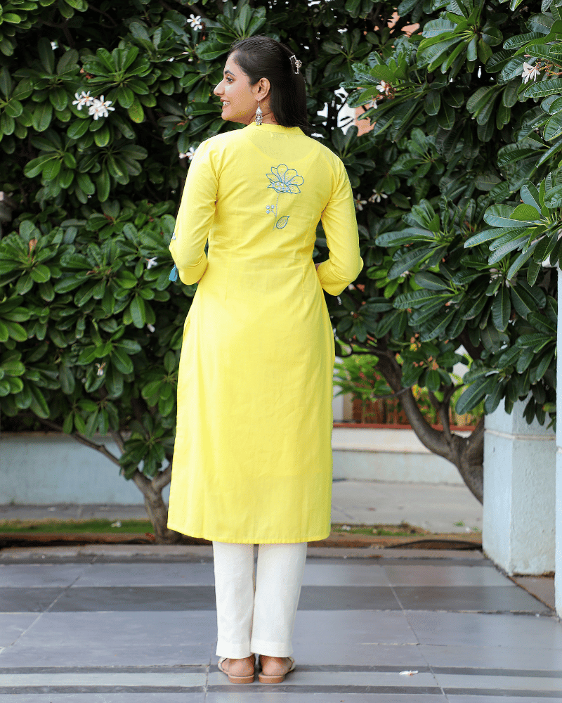 Yellow V Neck " Handloom Kurta" - back