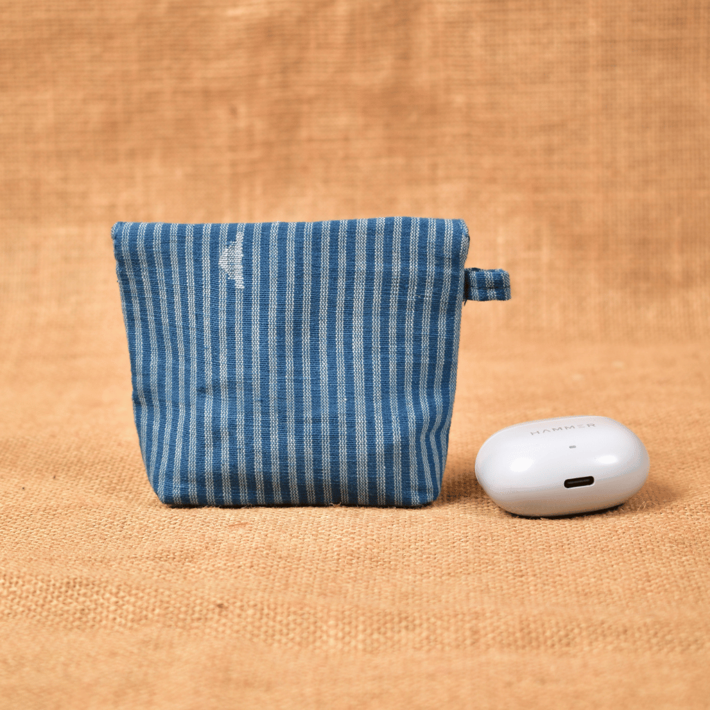 Blue Handloom Cotton Earbuds Pouch with Snap Button Closure - back