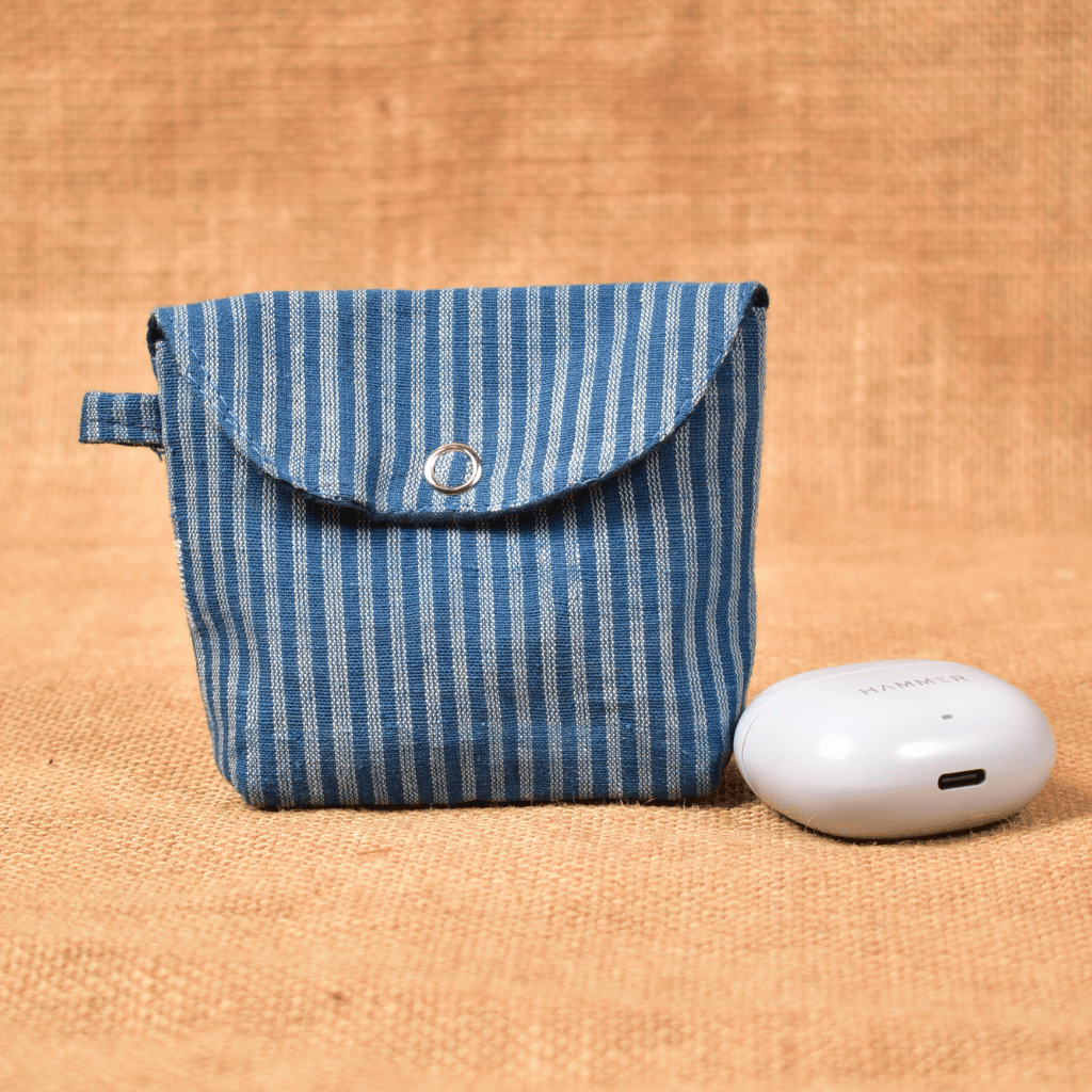 Blue Handloom Cotton Earbuds Pouch with Snap Button Closure - front