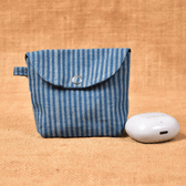 Blue Handloom Cotton Earbuds Pouch with Snap Button Closure - front