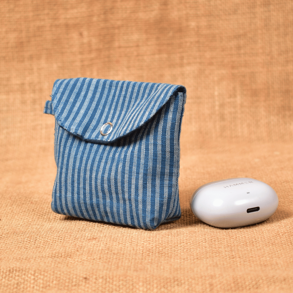 Blue Handloom Cotton Earbuds Pouch with Snap Button Closure - side