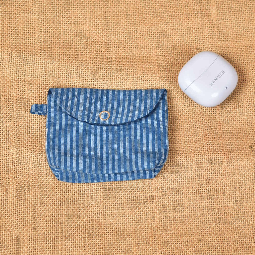 Blue Handloom Cotton Earbuds Pouch with Snap Button Closure