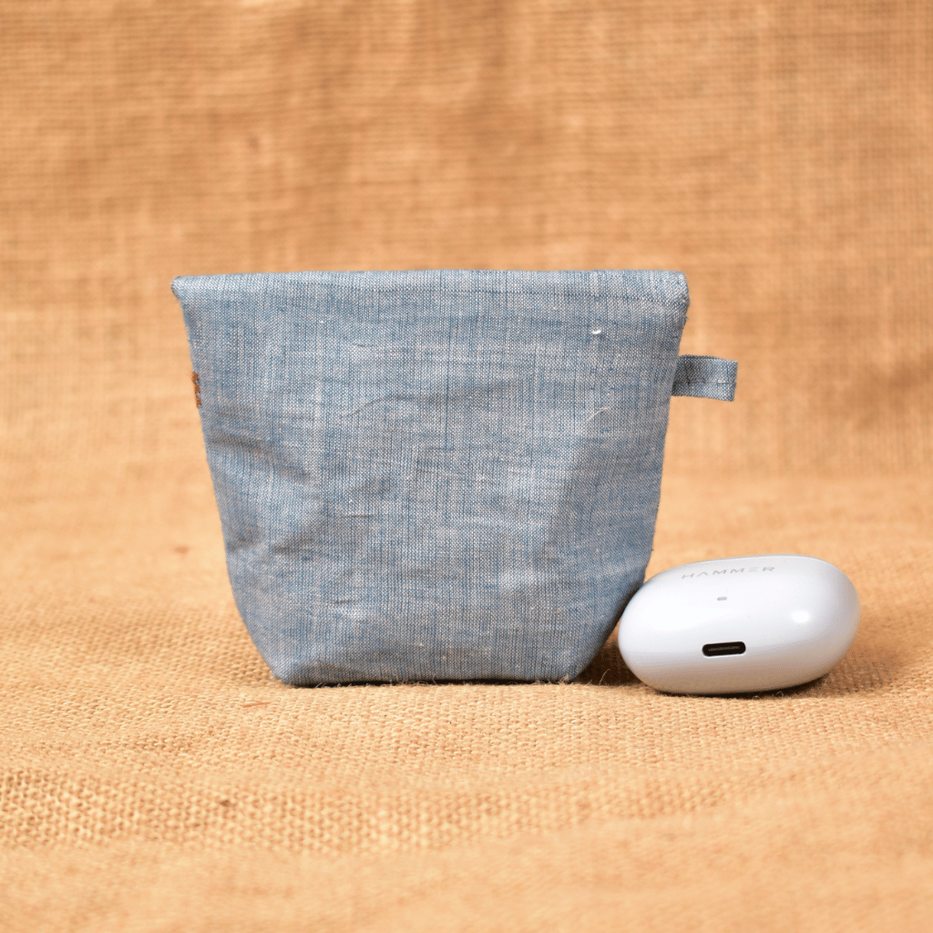 Light Blue Handloom Cotton Earbuds Pouch with Snap Button Closure - back
