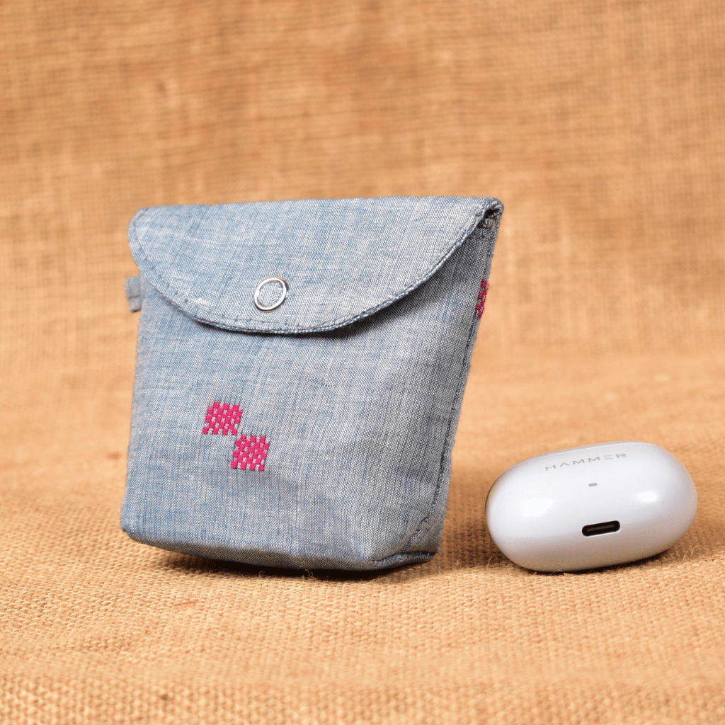 Light Blue Handloom Cotton Earbuds Pouch with Snap Button Closure - side