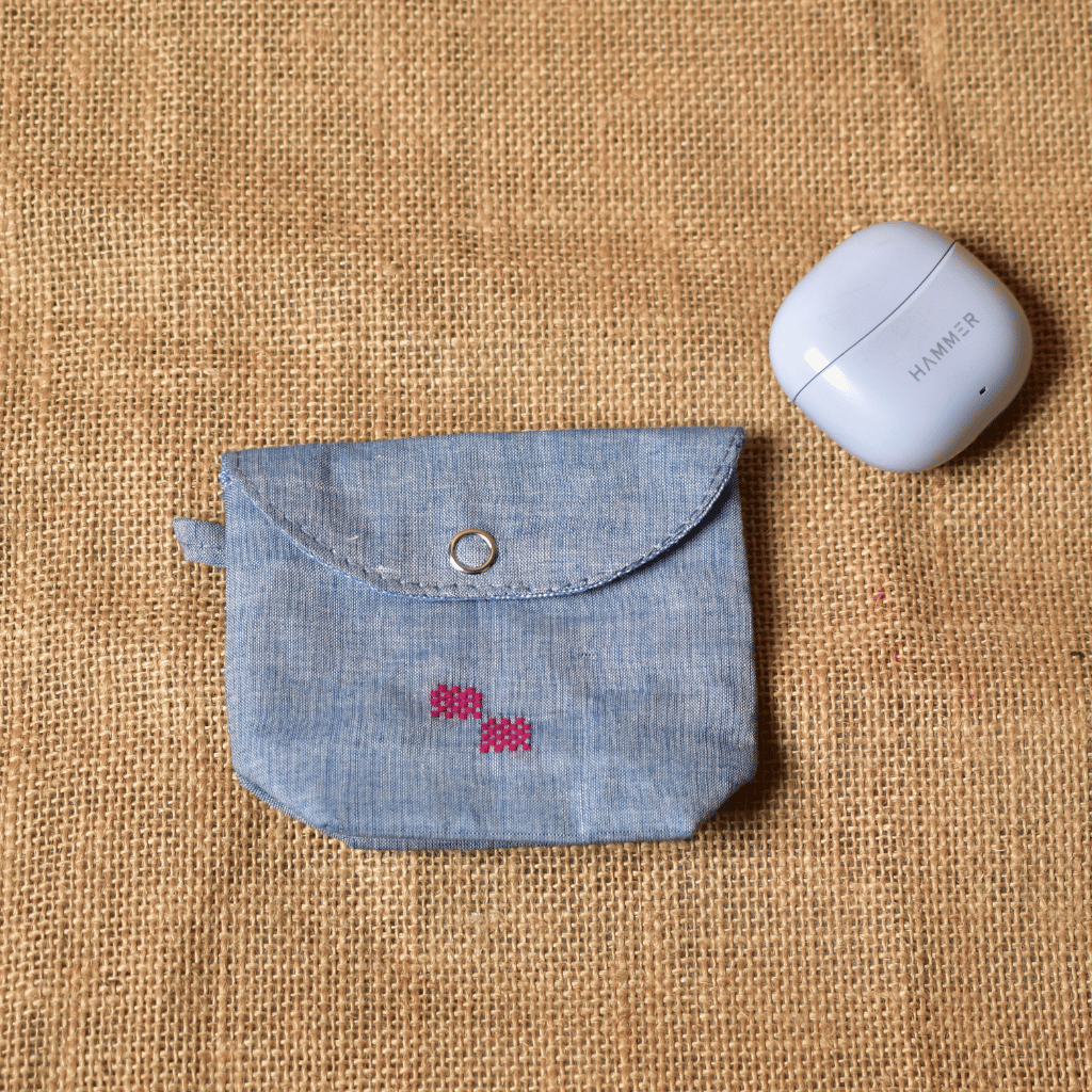 Light Blue Handloom Cotton Earbuds Pouch with Snap Button Closure 