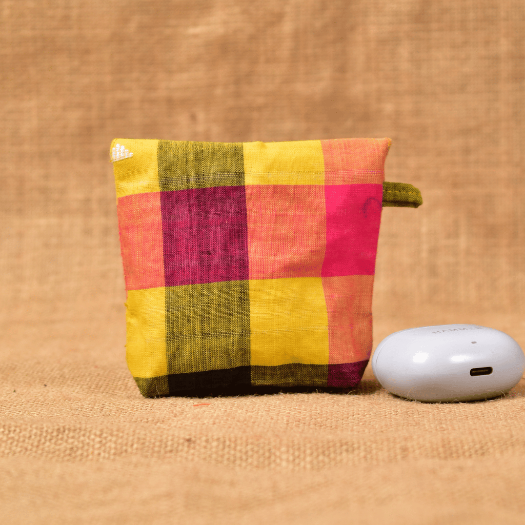 Yellow Handloom Cotton Earbuds Pouch with Snap Button Closure - back
